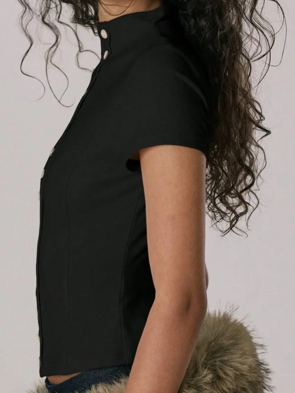 Black Elegant Women's Funnel Neck Fitted Asymmetric Top